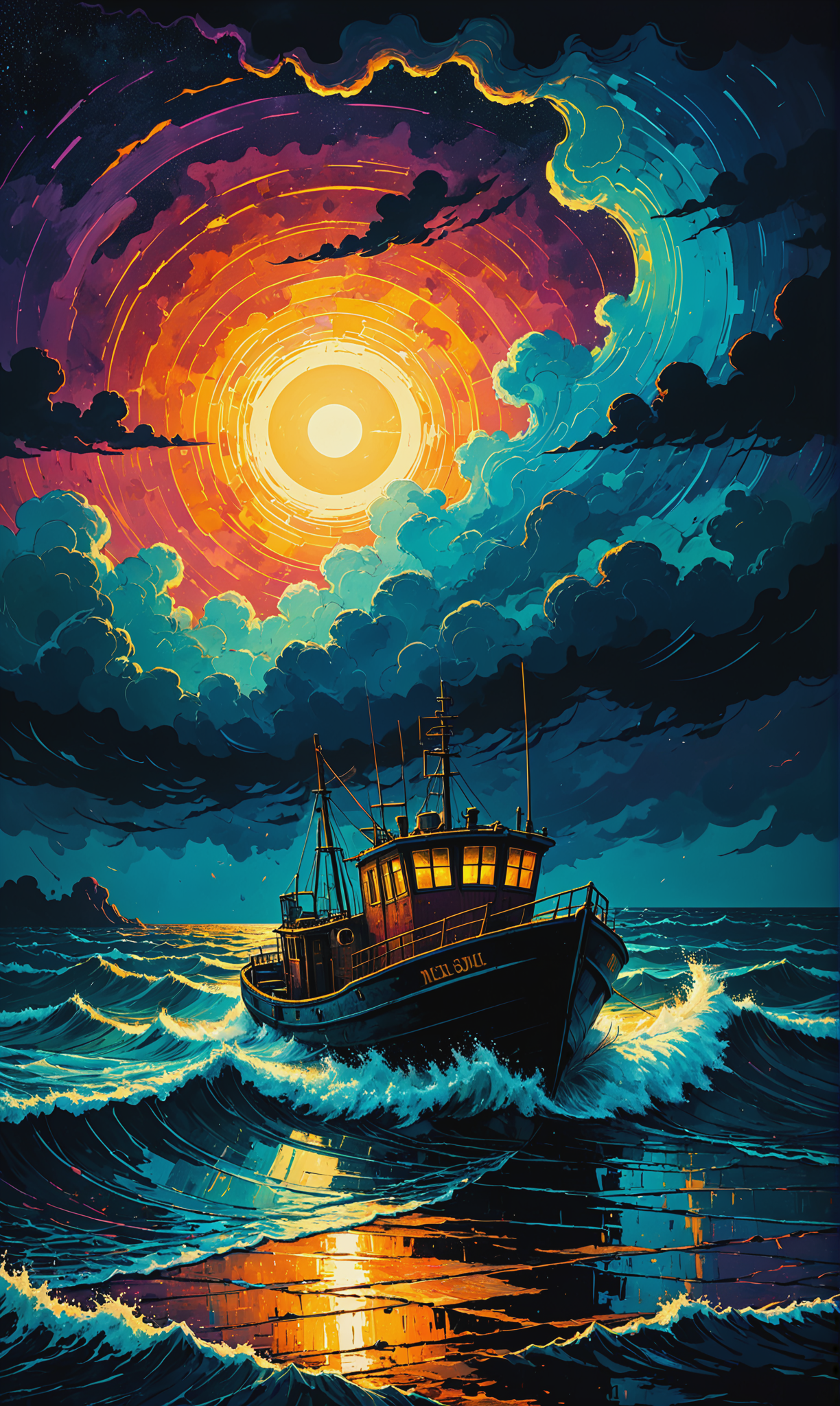 01024-2110791677-Mixed media magic. Artist James R. Eads. Stormy night over the troubled sea. drifting fishing boat, flashes of lightning on the.png